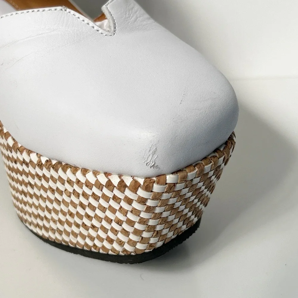 John Fluevog Ana Rita Platform Mary Jane 9 White Leather Woven Cork Block Heel